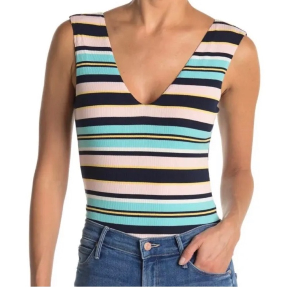 AFRM Mooni Striped Ribbed V-Neck Bodysuit Pink Multi Size XS NWT‎ 5921